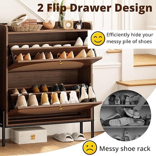 IRONCK Shoe Cabinet Storage with 2 Flip Drawers, Free Standing Wooden Shoe Storage Organizer Cabinet with Rattan Doors for Entryway, Narrow Shoe Rack Cabinet, Walnut thumbnail 7