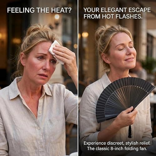 OMyTea Hand Fan Foldable for Women, Japanese Chinese Fan, Solid Black | Portable bamboo and silk folding hand fan with case for hot flashes, cooling, festivals, tea party, travel, church and gifts. thumbnail 5