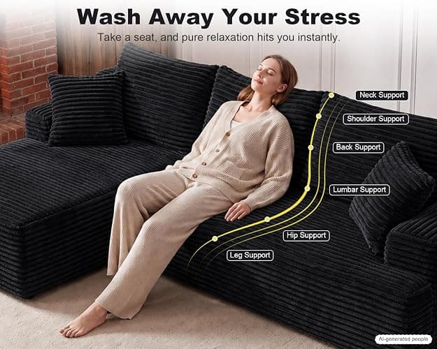 KIVENJAJA 96" Boneless Sectional Couch, 3 Seat with Chaise, Black | living room, apartment, basement, no assembly required, deep seat, cloud, easy to move, corduroy fabric, high-density foam thumbnail 4