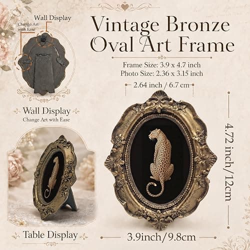 Dimurela Vintage Cheetah Leopard Small Oval Picture Frame, Dark Academia Black Bronze Photo Frame, Trendy Preppy Mini Tabletop Wall Decor Art for Shelf Desk Bedroom Living Room Girls Home 3.9x4.7in thumbnail 3