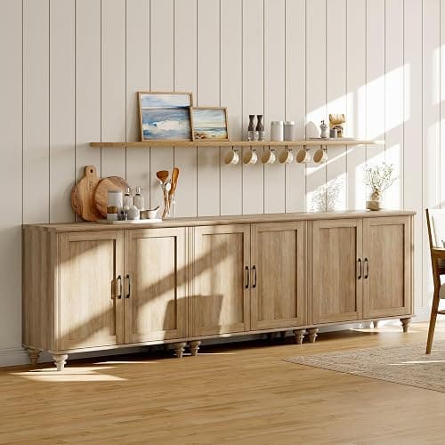 WAMAPT Buffet Cabinet with 6 Wood Doors, Large Coffee Bar Table with Storage, Modern Wooden Kitchen Storage Cabinets with Vintage Gourd Leg, Farmhouse Sideboard Credenza for Dining Room, Oak, 102" thumbnail 5
