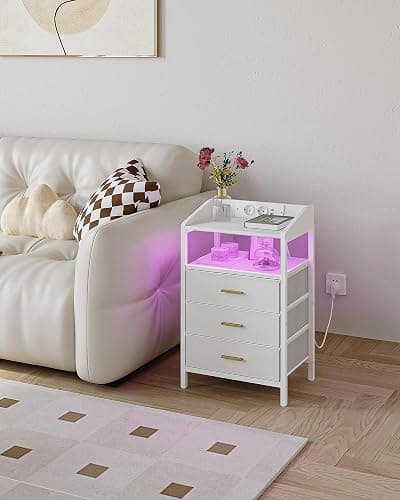 Hzuaneri Nachttisch mit LED-Leuchten und ladefunktion, Beistelltisch mit 3 Stoff-Schubladen mit USB-Anschlüssen & Steckdosen, für Schlafzimmer, Wohnzimmer, Weiß NS31013W thumbnail 9
