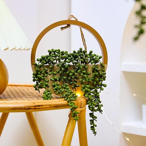 Floweroyal 2pcs Artificial Succulents Hanging Plants 12.2'' Fake String of Pearls in Pot with 8.3'' Lanyard for Indoor Outdoor Wall Decor（Wood Color）. thumbnail 6