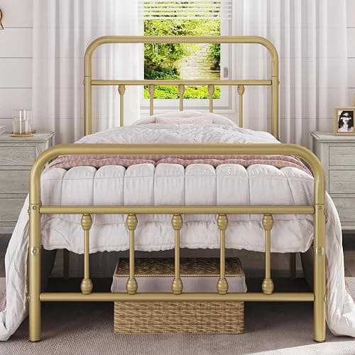 Yaheetech 2Pcs Twin Size Metal Platform Bed Frame with Victorian Style Iron-Art Headboard/Footboard/Under Bed Storage/No Box Spring Needed Antique Gold - Twin - Antique Gold thumbnail 3