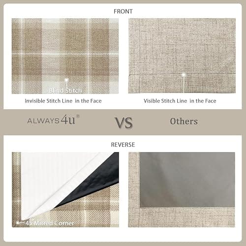 always4u 100% Blackout Curtains Check Eyelet Curtain Bedroom Plaid Woven Brushed Cheque Pair of Highland Woolen Look Window Treatment for Living Room Beige 46 * 90 Inches thumbnail 8