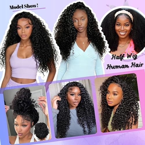 Glimeer Half Wig Human Hair Deep Wave 3 In 1 Drawstring Seamless Filp Over Curly Half Wig 200% Density Wear and Go Glueless Half Wigs for Black Women Natural Color 18 Inch thumbnail 8