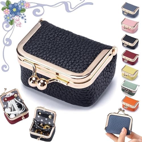 Genuine Leather Mini Jewelry Box, Portable Vintage-Inspired Genuine Leather Coin Purse Jewelry Case with Kiss Lock, Mini Travel Ring Box for Women for Earring/Ring/Necklace/Bracelet(Black) - Image 1