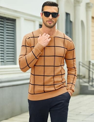 MAGCOMSEN Men's Crewneck Sweaters Cotton Lightweight Plaid Pullover Sweater Warm Casual Fall Winter Sweatshirts thumbnail 2