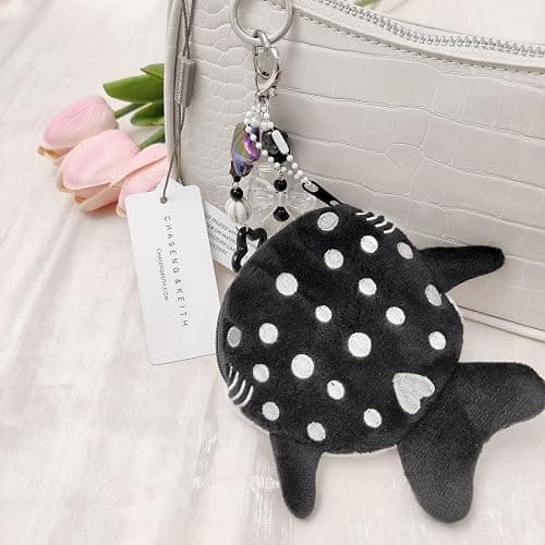 Cute Keychain Whale Shark Coin Purse Keychain,Kawaii Plush Change Purse with Zipper Aesthetic Key Chain Handmade Bag Charms (Black) thumbnail 5