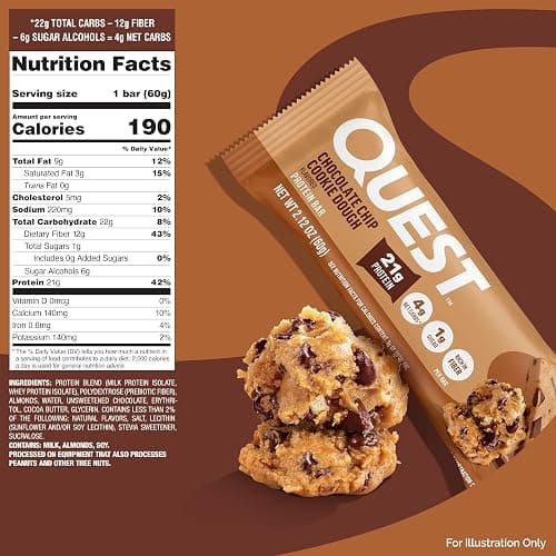 Quest Nutrition Chocolate Chip Cookie Dough Protein Bars, High Protein, Low Carb, Gluten Free, Keto Friendly, 12 Count thumbnail 8