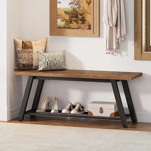 Oastreeful Storage Bench Industrial Rustic Wooden and Metal Entryway Shoe Boots Storage Rack Long Bench Seat for Hallway Bedroom Retro Brown Farmhouse Style thumbnail 7