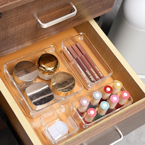 25 PCS Plastic Clear Drawer Organizer Set, 4 Sizes Desk Office Drawer Organizing Trays and Divider,Storage Bins for Makeup,Snack,Jewelry,Kitchen,Bedroom, Bathroom vanity Accessories Containers - Pack of 25 thumbnail 7