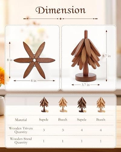 Wooden Tree Trivets for Hot Dishes, 3 Wooden Trivet + 1 Stand Natural Wooden Coaster for Hot Dishes, Pot, Bowl, Teapot, Hot Pot Holders, 3 Foldable Christmas Tree-Shaped Trivets thumbnail 7