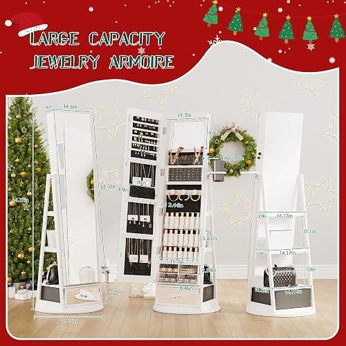 TJYGO Mirror Jewelry Cabinet Standing, 360° Swivel Jewelry Armoire with Drawer LED Lights, Lockable Jewelry Organizer with Storage Shelves thumbnail 3