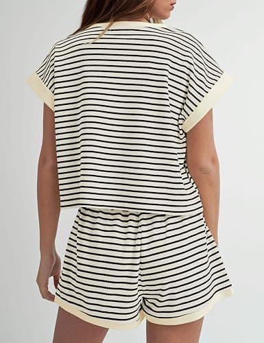 MISSACTIVER 2 Piece Lounge Set Women Stripe Knit Short Sleeve Tee Shirts Shorts Casual Summer Loungewear Shorts Sets thumbnail 2