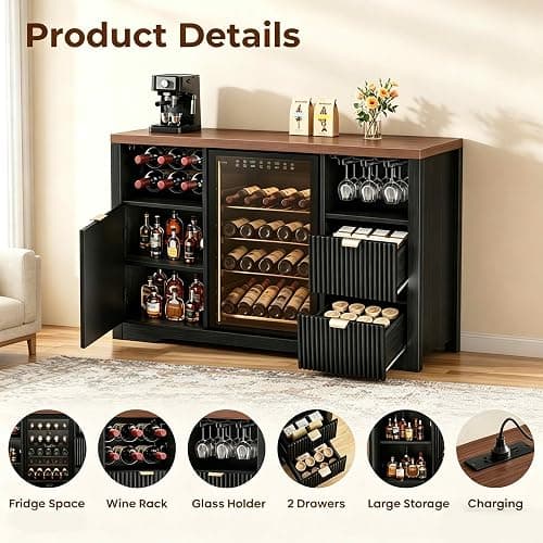 Coffee Bar Cabinet with Mini Fridge Space, 53"Wine Cabinets with Storage | Wood Fluted Liquor Sideboard Cabinet with Storage Drawer, Wine Rack,Glass Holder for Home,20"D x 53"W x 39.4"H-Black thumbnail 4