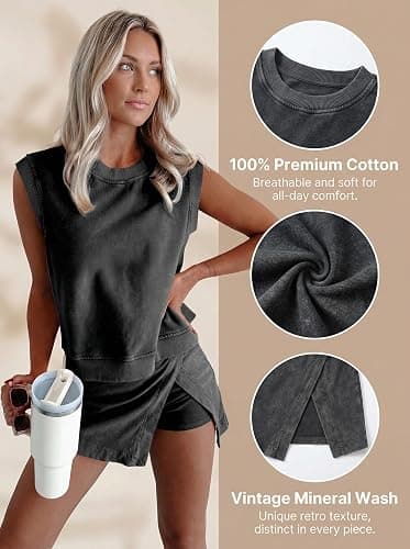 KevaMolly Womens Travel Outfits Summer Lounge Set Two Pieces Mineral Wash Cotton Tank Top Lined Split Athletic Skirt Set thumbnail 4