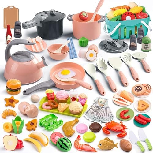 130Pcs Kitchen Playset, Toddler Pretend Cooking Play Pots, Pans, Utensils Cookware, Daily Food Fruit Veges, Shopping Storage Basket, Dessert, Prop Money, Learning Gift for Child (Pink) - Image 1
