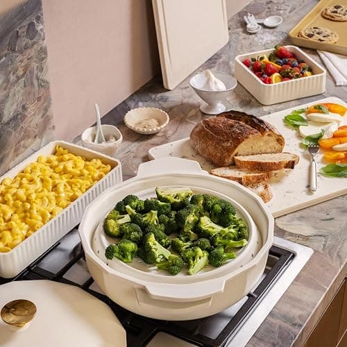 Cravings by Chrissy Teigen The Perfect Pan 5.3 Qt Dutch Oven Pot with Lid, Nonstick Lightweight Aluminum Everyday Pot with Steamer/Strainer Insert, Oven & Stovetop Safe (White) thumbnail 8
