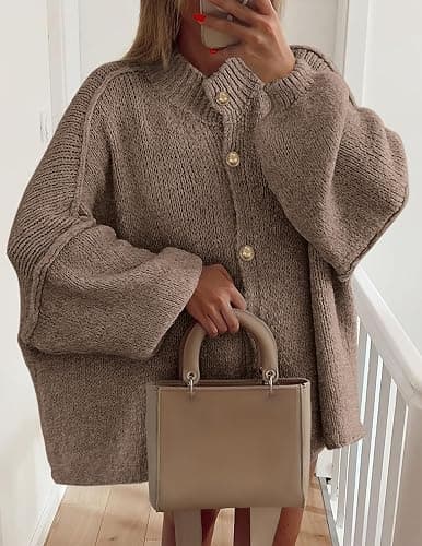 PRETTYGARDEN Women's Winter Button Down Cardigan Sweaters Mock Neck Lantern Long Sleeve Chunky Knit Jacket Trendy Outerwear thumbnail 4