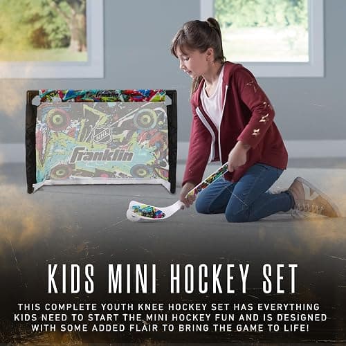 Franklin Sports NHL Kids Mini Hockey Set - Includes (1) Knee Hockey Goal, (2) Mini Sticks + (2) Foam Balls - Indoor Toy Youth Goal + Sticks Set - Graffiti thumbnail 2