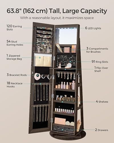 SONGMICS 6 LEDs Lockable Mirror Jewelry Cabinet, 360° Swivel Jewelry Organizer Armoire Standing, Frameless Full-Length Mirror, 3 Storage Shelves, Christmas Gifts, Ash Brown, Black Lining UJJC007K02 thumbnail 6