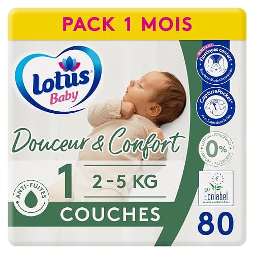 Lotus Baby Douceur & Confort - Couches Taille 1 (2-5 kg/Nouveau-né) Pack 1 mois - 80 couches - Image 1