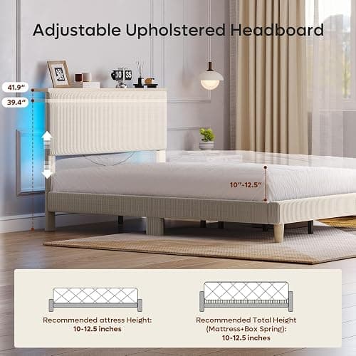 Bestier Queen Bed Frame with Adjustable Headboard & LED Lighting, Corduroy Upholstered Platform Bed Frame with Storage Shelf, Solid Wood Slats, No Box Spring Needed, Never Squeak, Easy Assembly, Beige thumbnail 4
