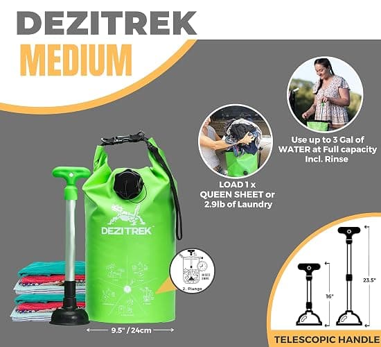 Dezitrek One Hand Wash Bag and Plunger Set - Off Grid Washing Machine Non Electric for Camping Travel | Eco Friendly Portable Manual Clothes thumbnail 2