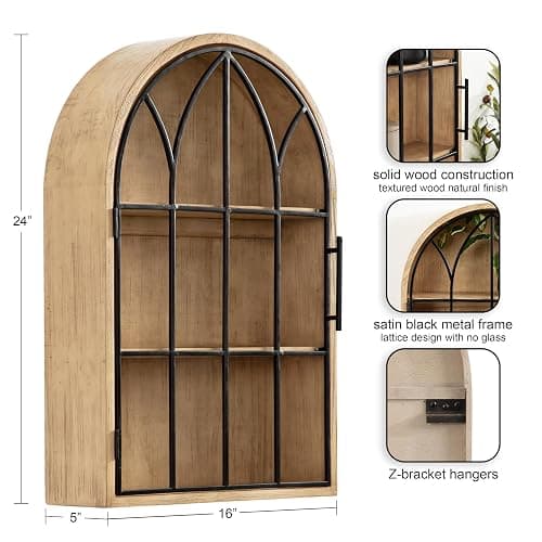 Kate and Laurel Megara Decorative Wooden Hanging Arched Wall Cabinet with Door for Open Storage; 16 x 5 x 24; Natural Wood and Black; Wooden Floating Wall Bathroom Cabinet for Above Toilet Storage thumbnail 3