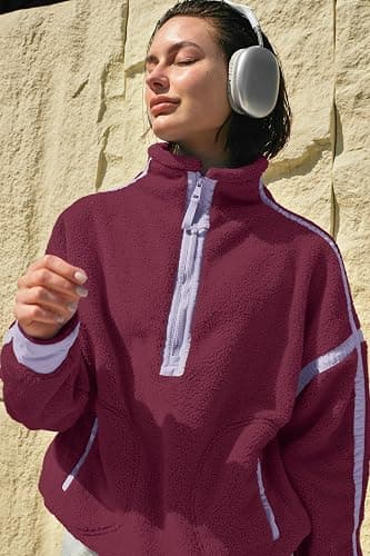 Panadila Womens Half Zip Sherpa Fleece Pullover Soft Oversized Sweatshirt with Pockets Warm Fuzzy Sweater thumbnail 6