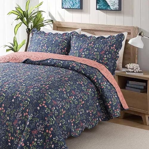 Travan 3-Piece Quilt Set Quilted Bedspread Lightweight Coverlet Set Garden Style Floral Printed Oversized Quilted Bedding Set for All Season, Blue Flower Sea, Queen Size thumbnail 3