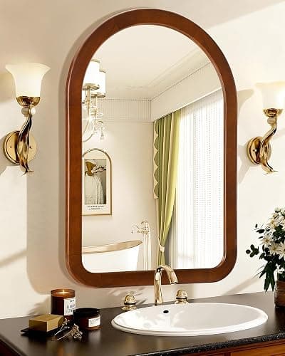 Arched Mirror 24 x 36 Inch,Walnut Brown Wood Rustic Bathroom Wall Mirror | Tempered Glass Hanging Mirror with Wooden Frame,Round corner Arch Farmhouse Vanity Mirror for Living Room,Entryway or Bedroom thumbnail 5