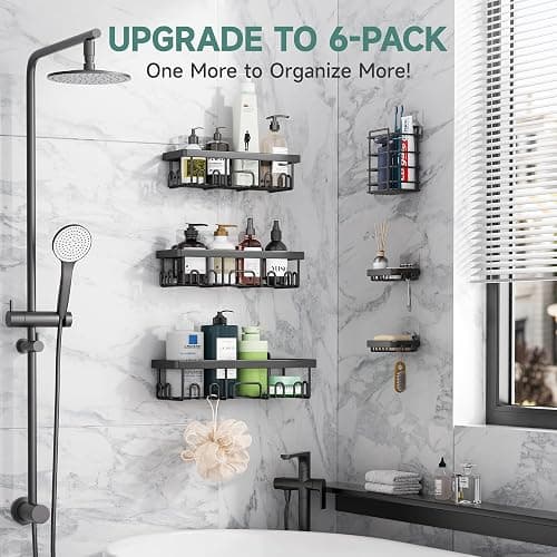 Veken Stainless Steel Shower Caddy 6-Pack, Adhesive Rustproof Shelves Rack with Soap Holder, Large Capacity Bathroom Organizers and Storage, No Drilling Wall-Mounted Kitchen & Home Decor, Bath Decor - Black - 6-Piece Set thumbnail 6