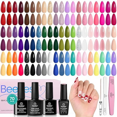 Beetles Winter Gel Nail Polish Set, 70 PCS 60 Colors Red Green Pink Brown Blue Nude Glitter Gel Nail Polish Kit with Base Top Coat for Beginners UV LED Needed DIY Salon Christmas Gifts for Women thumbnail 7