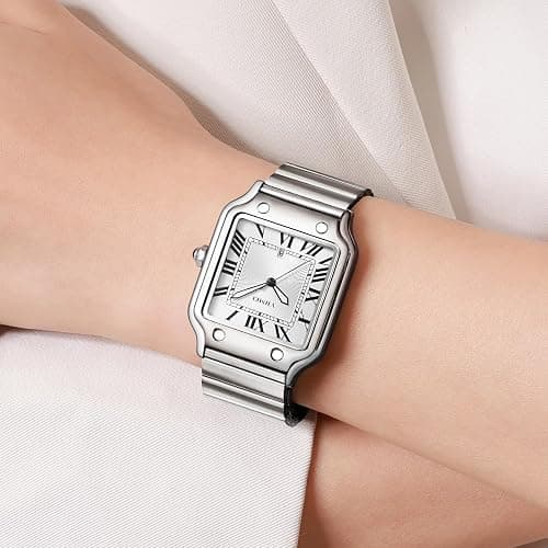 CARLIEN Unisex Classic Square Roman Numerals Silver Analog Waterproof Watches for Women Men Stainless Steel Strap Date Display Casual Wristwatch thumbnail 3