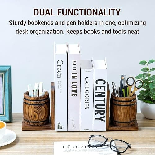 MyGift Wood Decorative Bookends with Pencil Holder, Office Desk Books Ends and Pen Holders as Vintage Wooden Barrels, Heavy Duty Bookends for Shelves, Rustic Burnt Brown Wine Barrel Design,1 Pair thumbnail 4
