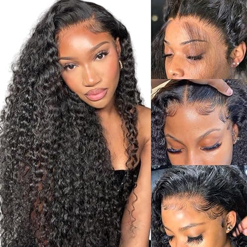 18 Inch Women's Real Hair Wig,Deep Wave Human hair Wig,200 Density 13X4 HD Transparent Lace Front Glueless Wigs For Black Women Pre Plucked,Natural Black Curly echthaar perücke (46cm) - Image 1