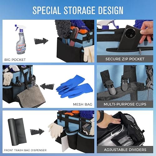 SCAVATA Wearable Cleaning Caddy, Cleaning Caddy Supplies Organizer with Handle & Shoulder Straps for Housekeepers, Under Sink & Car Cleaning Tool Organizers Bag with 4 Foldable Divider (Blue) thumbnail 3