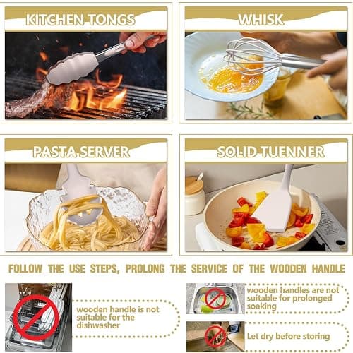 Umite Chef Silicone Kitchen Utensil Set, 34PCS Heat Resistant Kitchen Gadgets and Tools With Grater, Wood Handles for Nonstick Cookware thumbnail 5