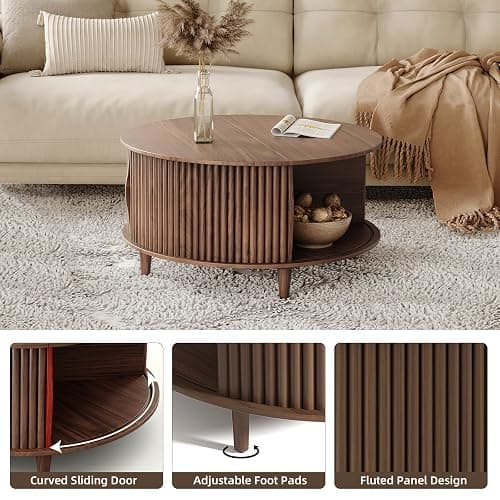JOINICE,Round Coffee Table with Storage,Fluted Center Table with Sliding Cabinet Door for Living Room,Home Small Space,31.5" Small Center Table,Walnut - Round - Walnut thumbnail 3