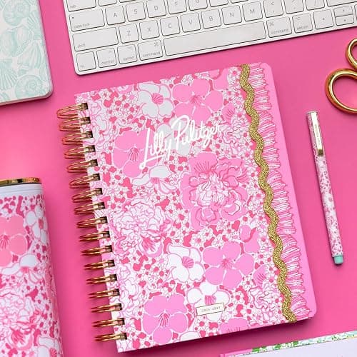 Lilly Pulitzer Large 17-Month Planner 6.75" x 8.87" Agenda Dated August 2026–December 2027, Gold Spiral Binding & Elastic Closure, Weekly & Monthly Layouts, Stickers, Travel & Reflection Pages (Conch Shell Pink Burst of Joy) thumbnail 2