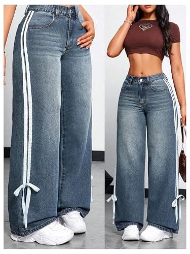 MakeMeChic Women's Straight Wide Leg Denim Pants Striped Bow Rise Jeans with Pocket Y2K Streetwear thumbnail 5