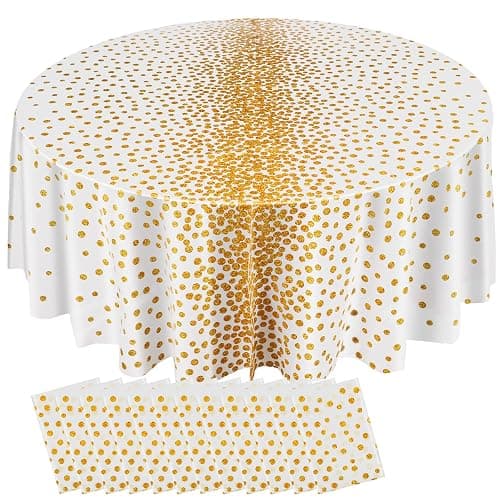VitalCozy Round Dot Tablecloth 84 Inch Plastic Table Cover Polka Dot Confetti Tablecloths for Easter 2026 Graduation Prom Wedding Birthday Spring Party Supplies(White and Gold,12 Pcs) - Image 1