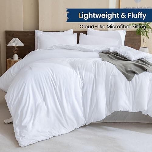 Paxrac Classic Pure White Comforter King Size, 3 Pieces Boho Comforter Set, Lightweight Solid Bedding Set, All Seasons Soft Breathable King Comforter Set (104x90In Comforter & 2 Pillowcases) - White - King (104''x90'') thumbnail 3