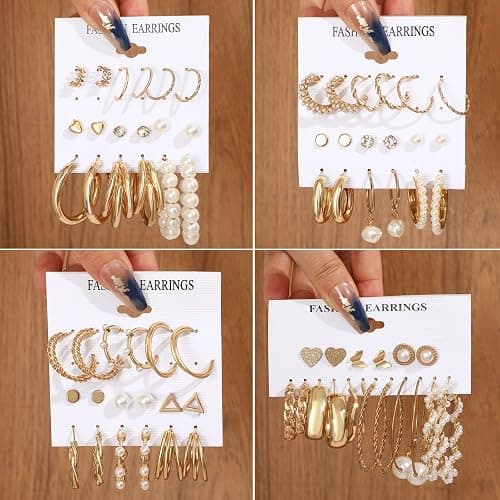 FAXHION 36 Pairs Gold Earrings Set for Women, Fashion Pearl Chain Link Stud Drop Dangle Earrings Multipack Hoop Earring Packs, Hypoallergenic Earrings for Birthday Party Jewelry - A-gold thumbnail 5
