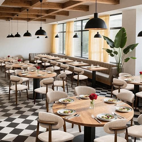 Farmhouse Dining Chairs Set of 4, Mid Century Modern Fabric Upholstered Kitchen Chairs, Wooden Dining Room Chair with Curved Back for Kitchen Dining Room Restaurant Cafe, Light Camel (Only Chairs) thumbnail 6