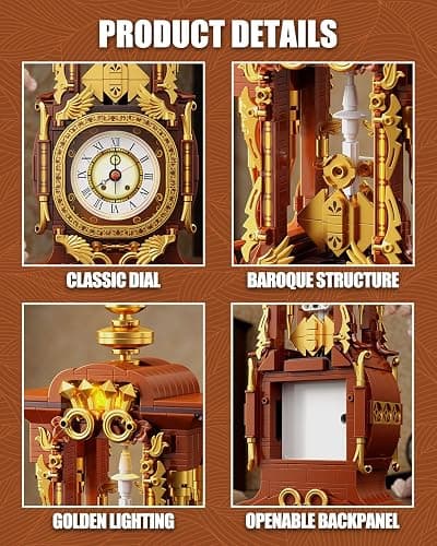 Vintage Clock Building Block Set, Stem Toy with Real Clock Function and Controllable Lighting, Technic Building Kit, Unique Home Decoration and Collectible, Birthday Gifts for Adults & Kids 6-12 thumbnail 6
