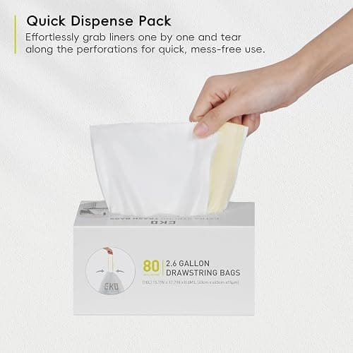 EKO 2.6 Gallon / 7-10 Liter, 80 Count Small Drawstring Trash Bags, Extra-Strong Unscented Garbage Bags, Easy-Dispense Roll for Kitchen & Household Use, Resists Tears, Leaks and Punctures, Code B White thumbnail 8