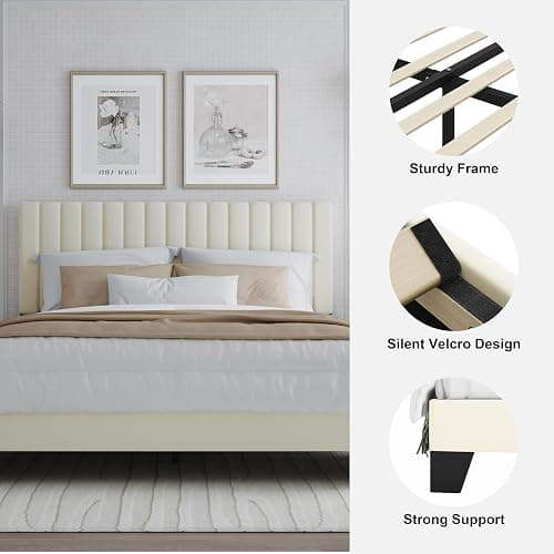 ZZBINUS Full Bed Frame, Velvet Upholstered Platform Bed Frame with Adjustable Headboard, Vertical Quilted Design, Sturdy Slatted Mattress Base, Easy to Assemble, White thumbnail 5